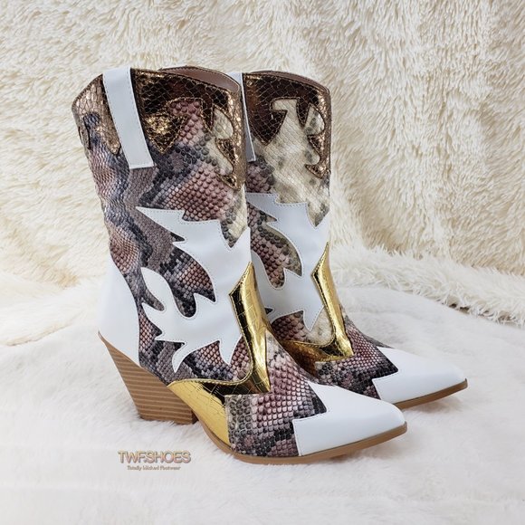 Western Cowboy Ankle boots White Snake Gold - Picture 6 of 14